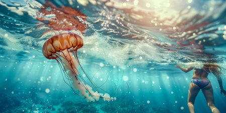Woman snorkeling in the ocean with a jellyfish nearby in clear blue waterの素材