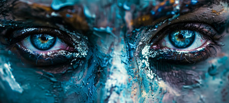 Intense blue eyes surrounded by abstract paint strokes in vibrant colorsの素材