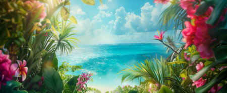 Picturesque tropical beach view framed by vibrant flowers and lush green foliageの素材