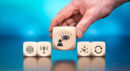 Wooden blocks with symbol of influence concept on blue background