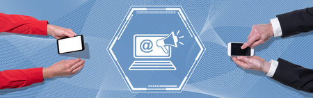 Top view of hands using mobile phone with symbol of internet marketing concept