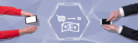 Top view of hands using mobile phone with symbol of inflation concept