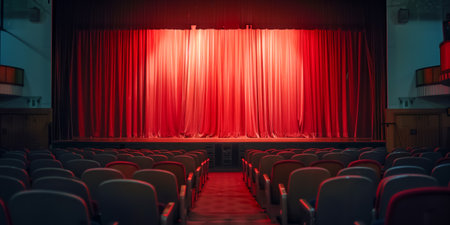 Empty theater with rows of seats facing a dimly lit stage with red curtainsの素材