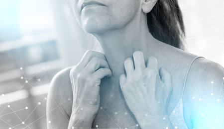 Woman having itchy and scratching her neck. allergy symptoms; light effect