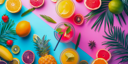 Assorted tropical fruits and refreshing drinks on a vibrant, colorful backgroundの素材