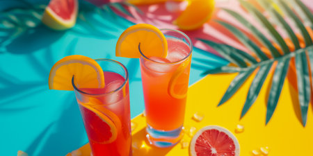 Refreshing tropical cocktails with citrus garnishes on a vibrant, colorful backgroundの素材