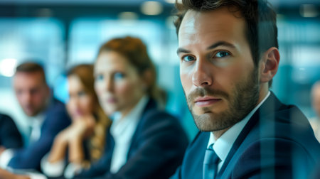 Young businessman in a meeting, attentively listening with colleagues in the backgroundの素材