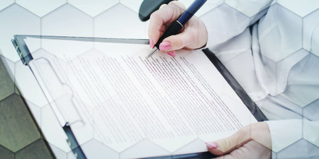 Business woman taking notes on a clipboard, geometric pattern