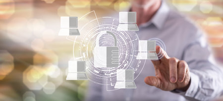 Man touching a data protection concept on a touch screen with his finger