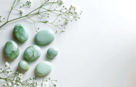 Green stones with small white flowers arranged on a white backgroundの素材