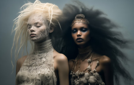 Two women with striking hairstyles and intricate outfits in a surreal, ethereal settingの素材