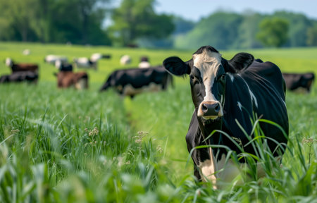 Black and white dairy cows grazing in a lush green pasture under a clear skyの素材