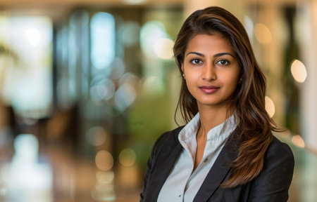 Young indian businesswoman in professional attire posing confidently in an office settingの素材