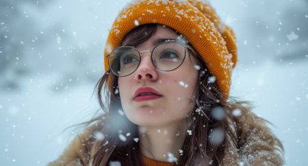 Close-up of a young woman with glasses and an orange hat in a snowy settingの素材