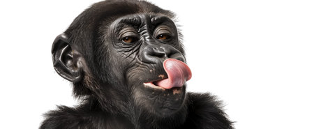 Close-up of a young chimpanzee playfully sticking out its tongue against a white backgroundの素材