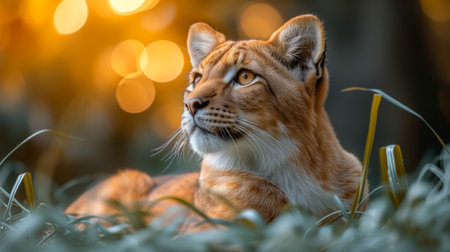 A young tiger resting in the grass, with a peaceful expression, illuminated by sunsetの素材