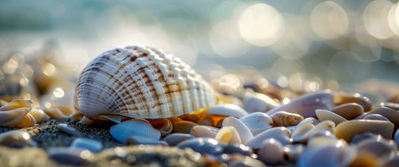 Detailed close-up of seashells on a sandy beach with a beautiful sunlit bokeh backgroundの素材
