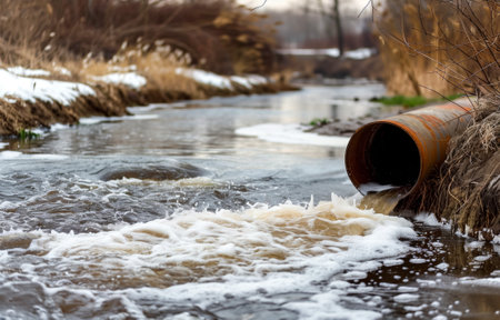 Industrial pipe discharging polluted water into a stream with foam in winter landscapeの素材