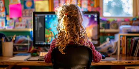 Young girl with curly hair working on a computer in a vibrant, creative classroomの素材