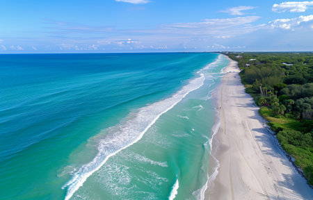 Stunning aerial view of a pristine white sand beach and turquoise ocean with lush greeneryの素材