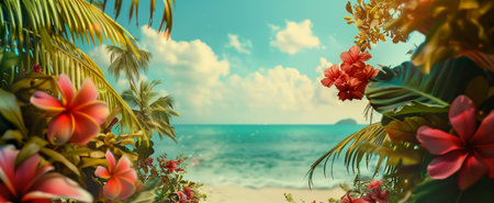 Scenic tropical beach view framed by vibrant flowers and lush palm leavesの素材