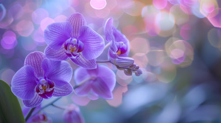 Stunning close-up of vibrant purple orchids against a colorful bokeh backgroundの素材