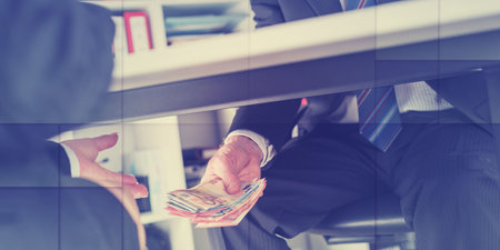 Businessman giving money under a table, geometric pattern