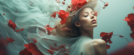 Graceful woman with flowing dress and red flowers in her hair, exuding elegance and beautyの素材