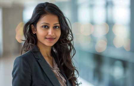 Smiling young indian businesswoman in a modern office environmentの素材