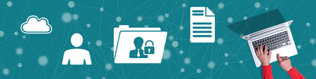 Top view of hands using laptop with symbol of personal data security concept