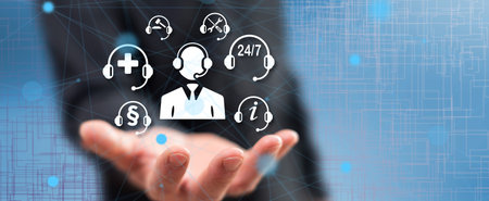 Help desk concept above the hand of a man in background