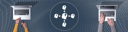 Top view of hands using laptop with symbol of crowdfunding concept