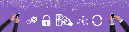 Top view of hands using mobile phone with symbol of mobile payment concept