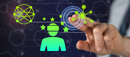 Man touching a virtual reality concept on a touch screen with his finger
