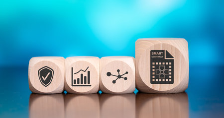 Wooden blocks with symbol of smart contract concept on blue background