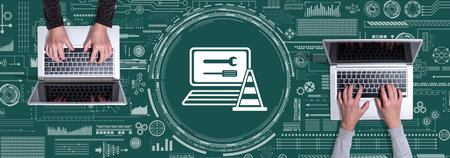 Top view of hands using laptop with symbol of system maintenance concept