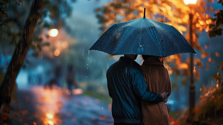 Back view of a couple sharing an umbrella while walking together in the rain, surrounded by soft evening lightsの素材
