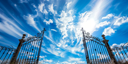 Beautiful ornate wrought iron gates open wide, revealing a bright blue sky filled with wispy clouds and sunlightの素材