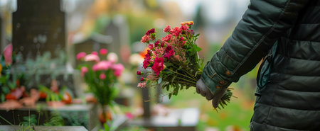 Individual holding a bouquet of flowers while visiting a cemetery, paying respects to loved onesの素材