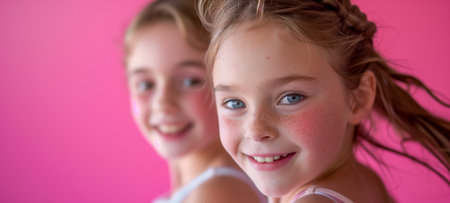Close-up of two young girls with freckles and bright smiles, posing against a vibrant pink backgroundの素材