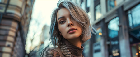 Stylish young woman with short silver hair wearing a houndstooth coat, standing in a city environmentの素材
