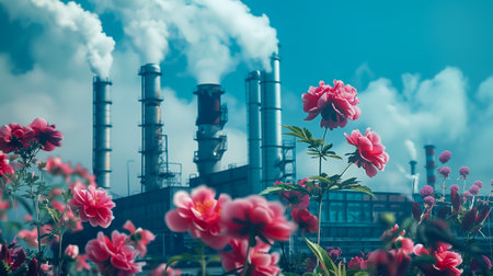 Surreal image of vibrant flowers growing in front of a factory emitting smoke, highlighting the contrast between nature and industrializationの素材
