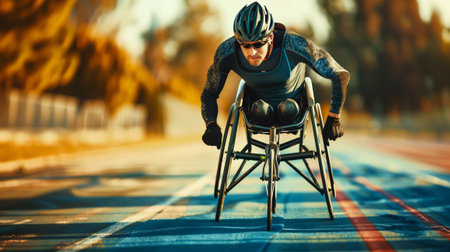 Focused paralympic athlete in a racing wheelchair competing on a track during a raceの素材