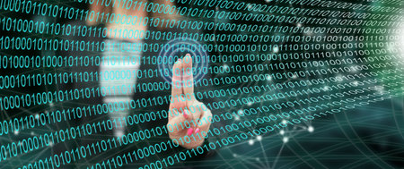Woman touching a digital technology concept on a touch screen with her fingers