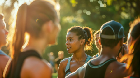 Diverse group of young athletes talking and preparing during a sunny outdoor training sessionの素材