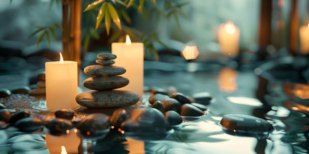 Peaceful spa scene with stacked stones, candles, and bamboo, set on a reflective water surfaceの素材