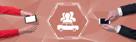 Top view of hands using mobile phone with symbol of car sharing concept