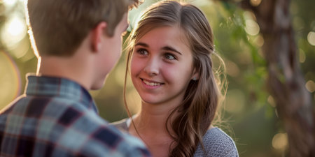 Young couple sharing a tender moment, gazing at each other with affection in a serene outdoor settingの素材
