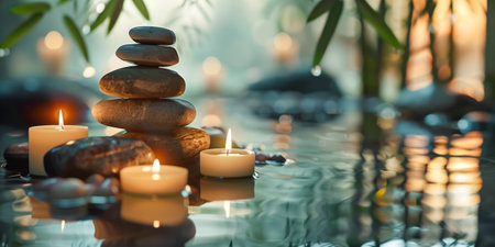 Tranquil spa scene with stacked stones and lit candles floating on water, surrounded by bambooの素材