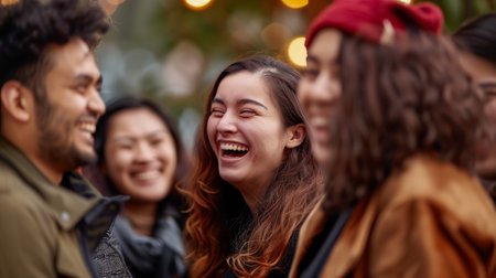 A diverse group of friends laughing and enjoying a joyful moment outdoors in a warm atmosphereの素材